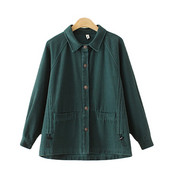 Liela izmēra XL-4XL Sieviešu vienkrāsains melns zaļš kokvilnas jakas ar garām piedurknēm pogām uz augšu Vintage sieviešu virsdrēbes