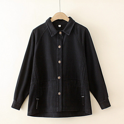 Liela izmēra XL-4XL Sieviešu vienkrāsains melns zaļš kokvilnas jakas ar garām piedurknēm pogām uz augšu Vintage sieviešu virsdrēbes