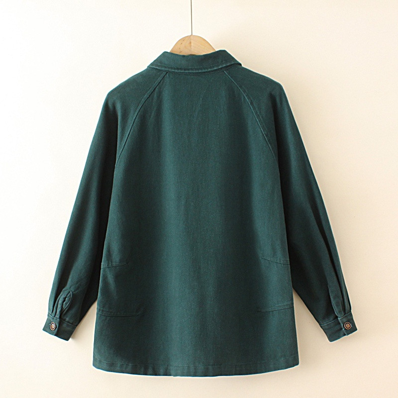 Liela izmēra XL-4XL Sieviešu vienkrāsains melns zaļš kokvilnas jakas ar garām piedurknēm pogām uz augšu Vintage sieviešu virsdrēbes