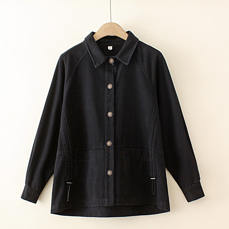 Liela izmēra XL-4XL Sieviešu vienkrāsains melns zaļš kokvilnas jakas ar garām piedurknēm pogām uz augšu Vintage sieviešu virsdrēbes