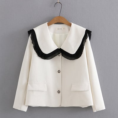 4xl Plus Size jope Naiste rõivad Mood Volditud pits Splice Sailor krae mantel Magus üherealine lühike välirõivas Sügis 2022