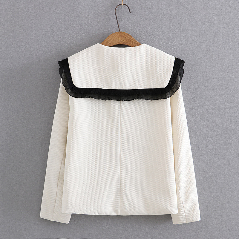 4xl Liela izmēra jaka Sieviešu apģērbi Modes salokāmi Mežģīnes Splice Sailor Collar Mētelis Sweet Single Breased Short Outwear 2022. gada rudens