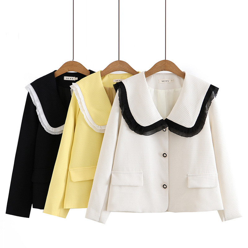 4xl Liela izmēra jaka Sieviešu apģērbi Modes salokāmi Mežģīnes Splice Sailor Collar Mētelis Sweet Single Breased Short Outwear 2022. gada rudens