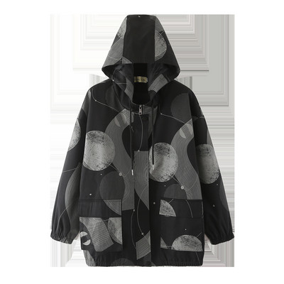 2022. gada rudens mētelis lielizmēra sieviešu apģērbs, brīvs ar kapuci, kokvilnas vējjaka, ikdienas apģērbs ar rāvējslēdzēju