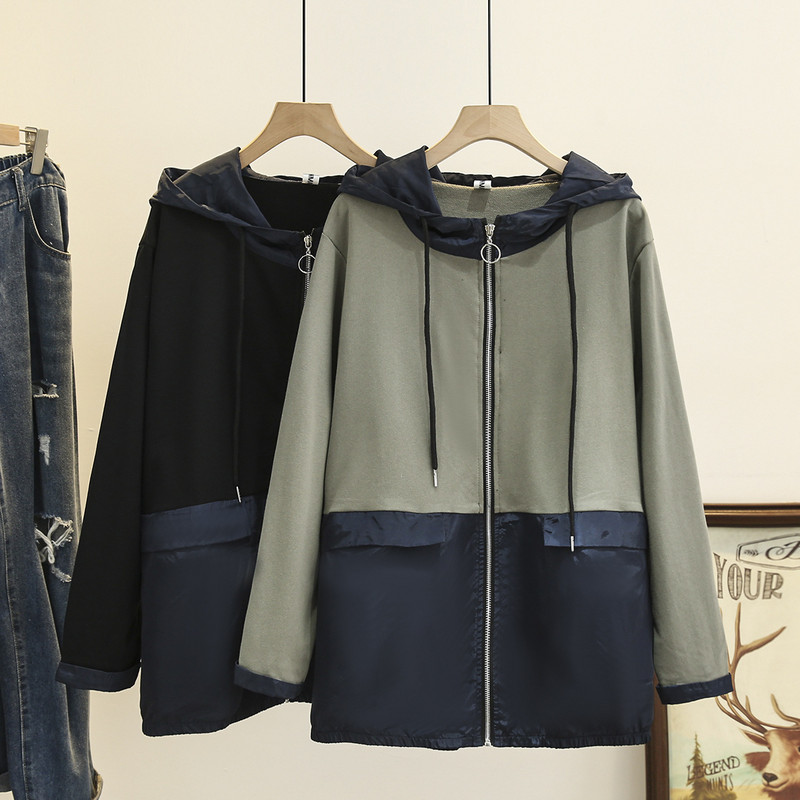 5XL liela izmēra jaka sievietēm, 2023. gada pavasara frotē mētelis ar garām piedurknēm ar kapuci ar rāvējslēdzēju virsdrēbes, liela izmēra izliektas drēbes