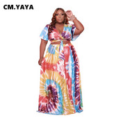 CM.YAYA Sieviešu lielizmēra komplekts Drukāt ar īsām piedurknēm V veida kakla izgriezuma topi brīvi gari svārki divi 2 daļiņu komplekti ikdienas modes tērpiem vasarā