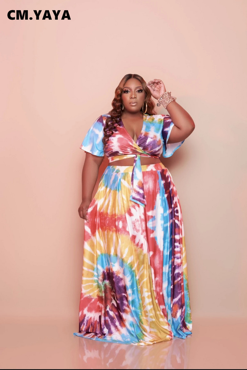 CM.YAYA Sieviešu lielizmēra komplekts Drukāt ar īsām piedurknēm V veida kakla izgriezuma topi brīvi gari svārki divi 2 daļiņu komplekti ikdienas modes tērpiem vasarā