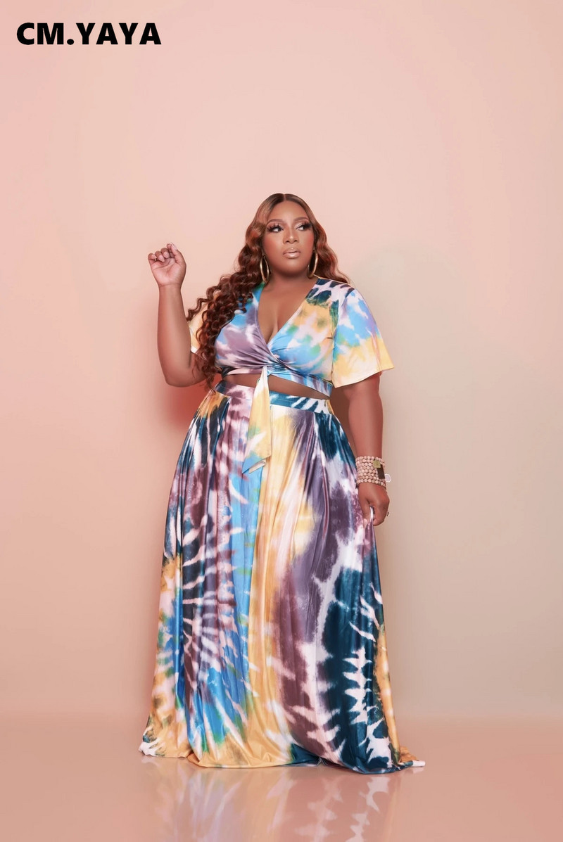 CM.YAYA Sieviešu lielizmēra komplekts Drukāt ar īsām piedurknēm V veida kakla izgriezuma topi brīvi gari svārki divi 2 daļiņu komplekti ikdienas modes tērpiem vasarā