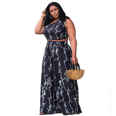 Liela izmēra 3xl 4xl divdaļīgs komplekts sievietēm vasaras vairumtirdzniecība seksīga veste ar vienu piedurknēm platām bikses apdrukai atbilstošs uzvalks dropshipping