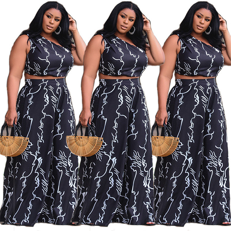 Liela izmēra 3xl 4xl divdaļīgs komplekts sievietēm vasaras vairumtirdzniecība seksīga veste ar vienu piedurknēm platām bikses apdrukai atbilstošs uzvalks dropshipping