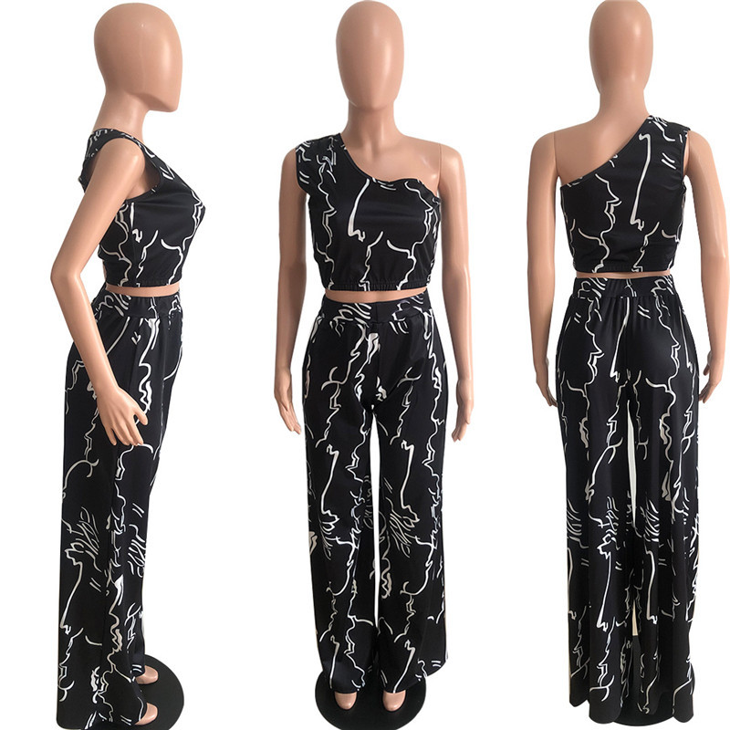 Liela izmēra 3xl 4xl divdaļīgs komplekts sievietēm vasaras vairumtirdzniecība seksīga veste ar vienu piedurknēm platām bikses apdrukai atbilstošs uzvalks dropshipping