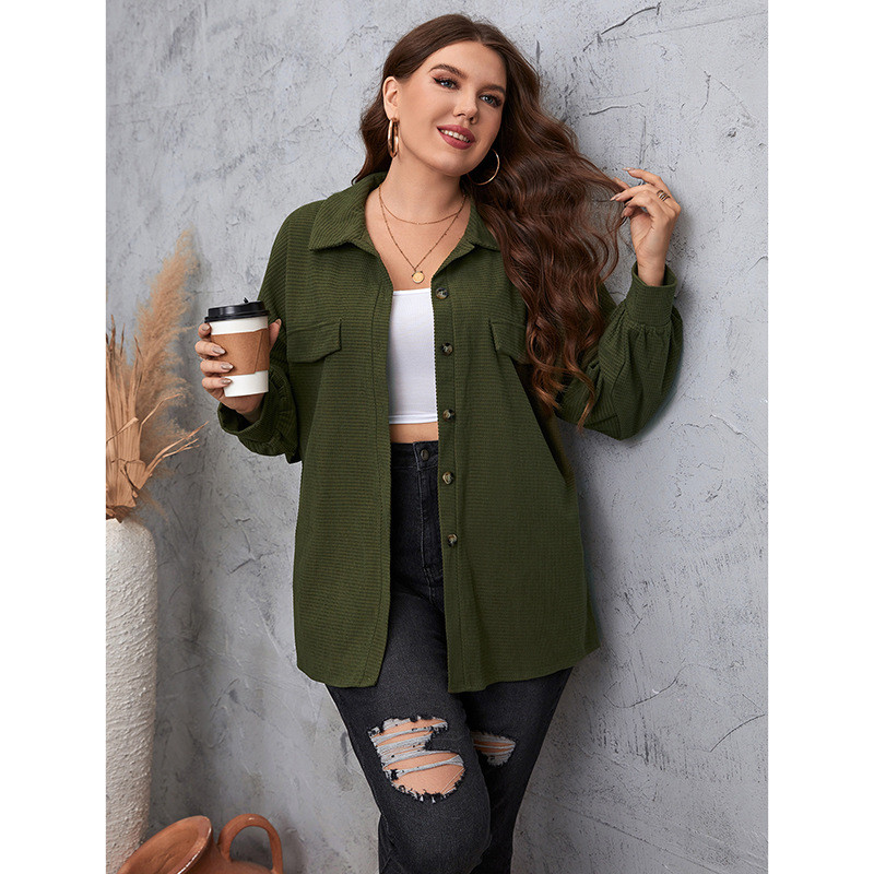 Liela izmēra ārdrēbes Sieviešu modes apģērbs, nolaižams apkakle, zaļa, laterna ar garām piedurknēm, pogas, krekls, mētelis, rudens, ziemas virsdrēbes, 4XL