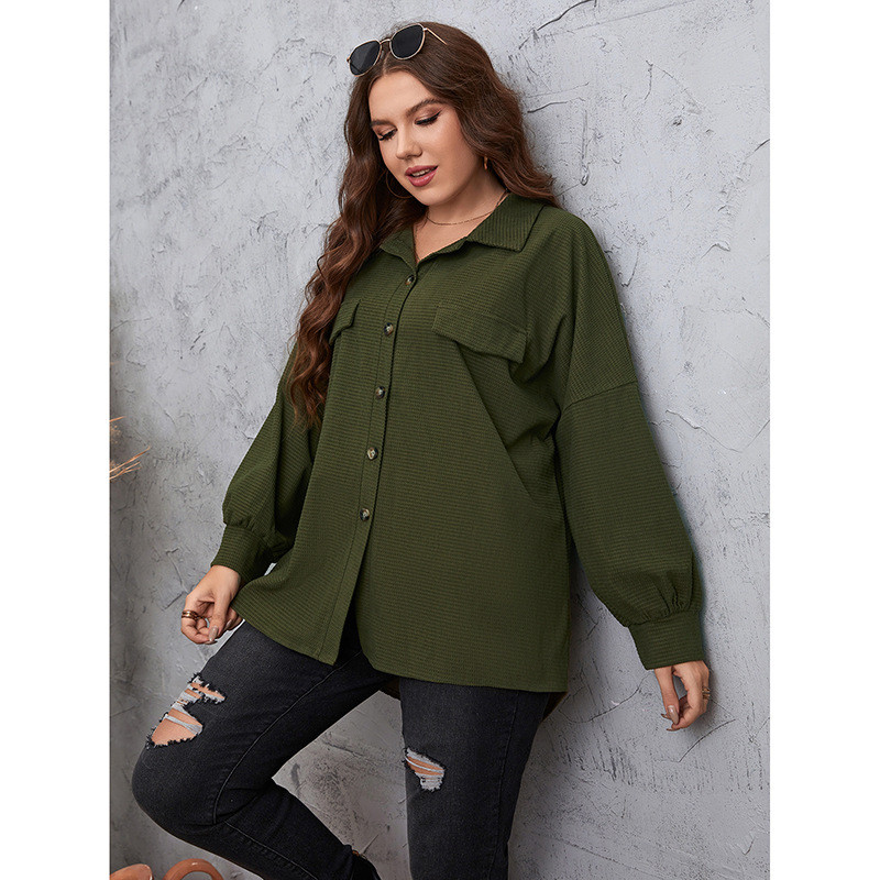 Liela izmēra ārdrēbes Sieviešu modes apģērbs, nolaižams apkakle, zaļa, laterna ar garām piedurknēm, pogas, krekls, mētelis, rudens, ziemas virsdrēbes, 4XL