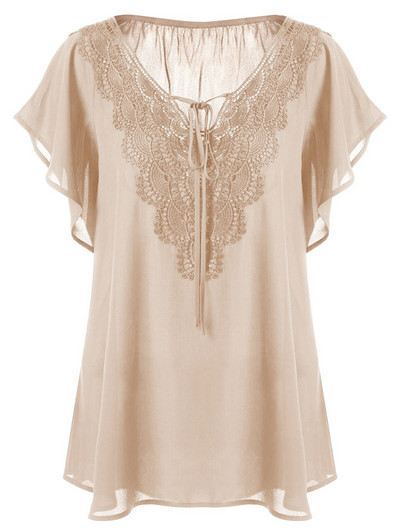 5XL Liela izmēra sieviešu apģērbi T-krekli Vasaras ar īsām piedurknēm Šifona Puloveri Topi Mežģīnes V veida kakla izgriezumā Modes zils T-krekls Sieviešu T-krekli