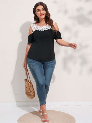 Finjani Contrast Guipure Lace Cold Shoulder Tee Plus Size Solid γυναικεία μπλουζάκια μόδας Καλοκαιρινή δαντέλα Γυναικεία κοντομάνικα μπλουζάκια