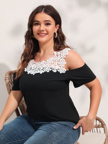 Finjani Contrast Guipure Lace Cold Shoulder Tee Plus Size Solid γυναικεία μπλουζάκια μόδας Καλοκαιρινή δαντέλα Γυναικεία κοντομάνικα μπλουζάκια