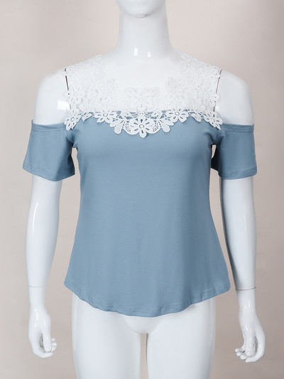 Finjani Contrast Guipure Lace Cold Shoulder Tee Lielizmēra Solid Sieviešu Topi Modes Vasaras Mežģīņu Sieviešu Topi ar Īsām Piedurknēm