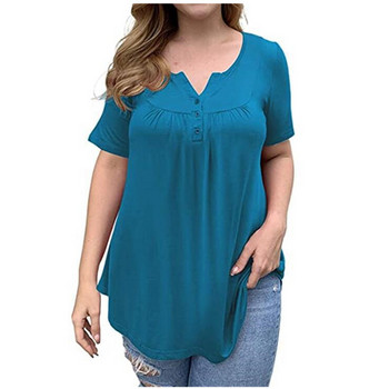 Γυναικείο κοντομάνικο φαρδύ μπλουζάκι 5XL Plus Size Casual Μπλούζες τουνίκ με πλισέ μασίφ κουμπιά Μεγάλα γυναικεία πουλόβερ καλοκαιρινά ρούχα