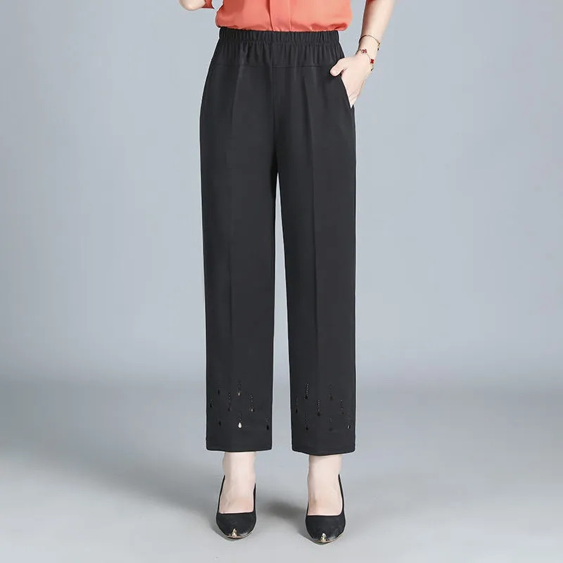 Vasaras sieviešu plānas apgrieztas bikses Jaunas elastīgas ar augstu vidukli taisnas bikses dobas brīvas pusmūža sieviešu ikdienas bikses 8XL