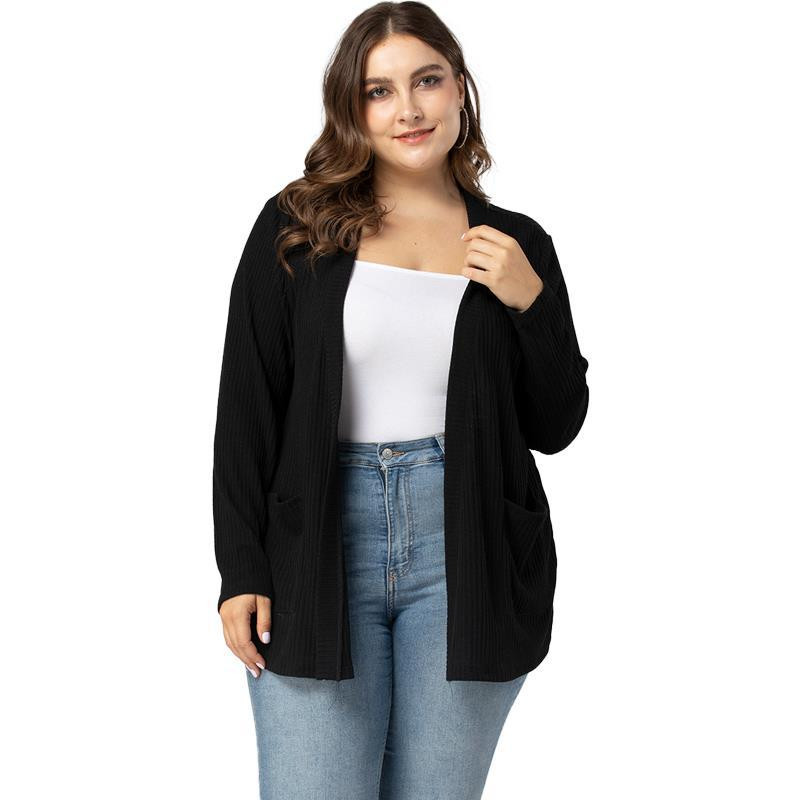 JHBeute Black Cardigan Top ikdienas rudens ziemas vienkrāsains pinums trikotāžas jaka 4XL sieviešu lielizmēra apģērbs