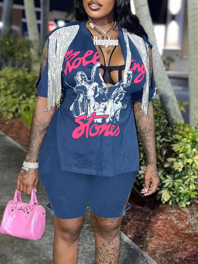 XL-5XL Dvodijelni kompleti veće veličine Ženska odjeća Ljeto 2022. Duboki V izrez Vilica s kićankama Modna seksi kratka odijela na veliko