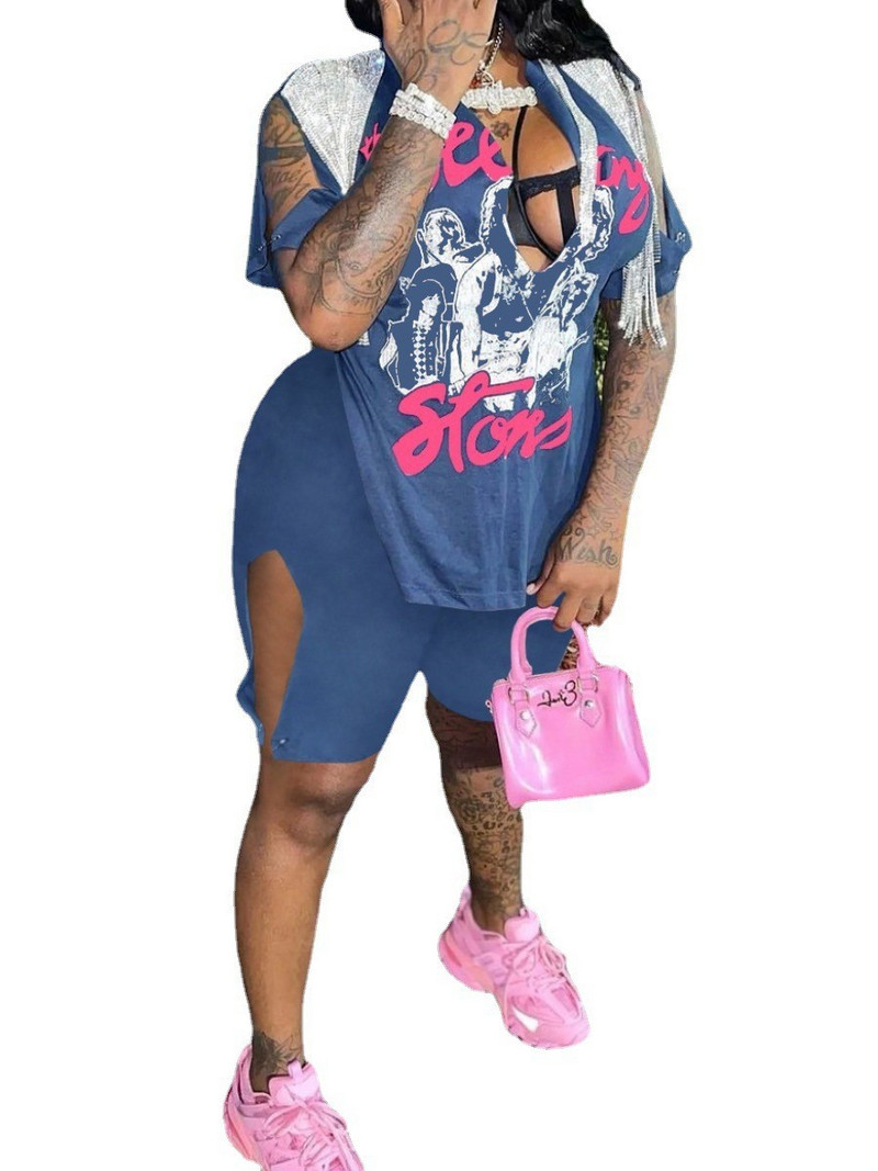 XL-5XL Liela izmēra divdaļīgie komplekti Sieviešu apģērbi 2022 Vasaras dziļi V kakla pušķu apdruka Dakša Mode Seksīgi īsie uzvalki Vairumtirdzniecība