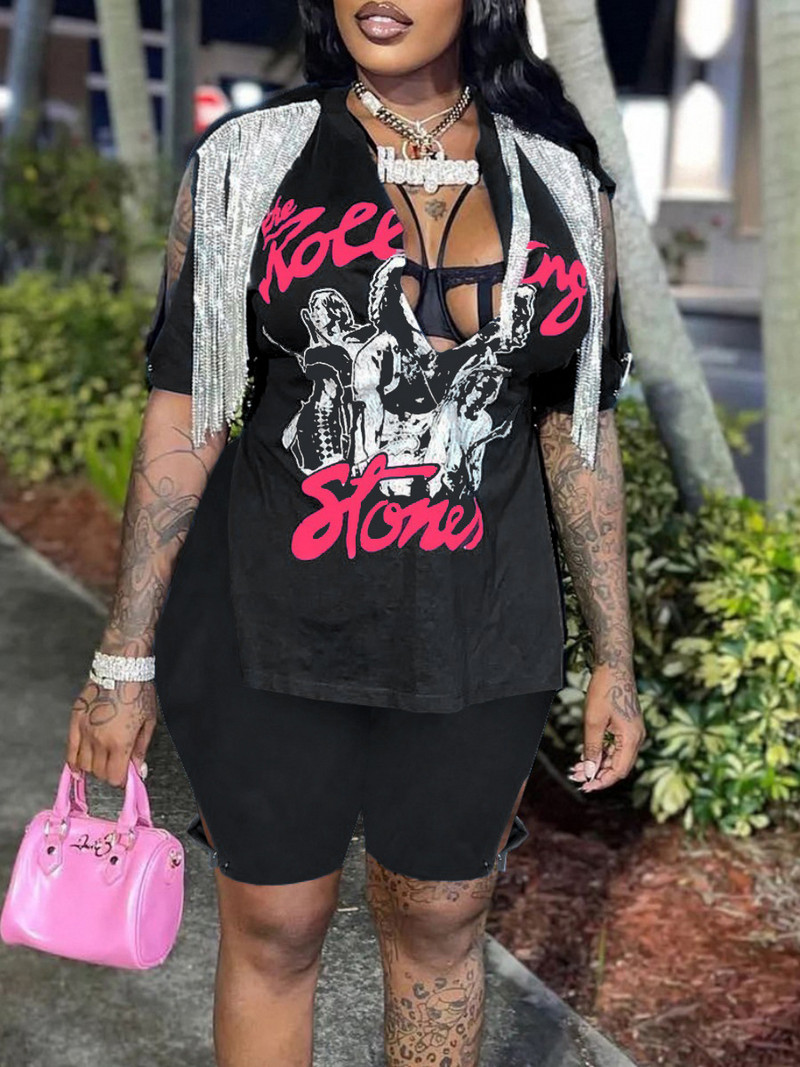 XL-5XL Liela izmēra divdaļīgie komplekti Sieviešu apģērbi 2022 Vasaras dziļi V kakla pušķu apdruka Dakša Mode Seksīgi īsie uzvalki Vairumtirdzniecība