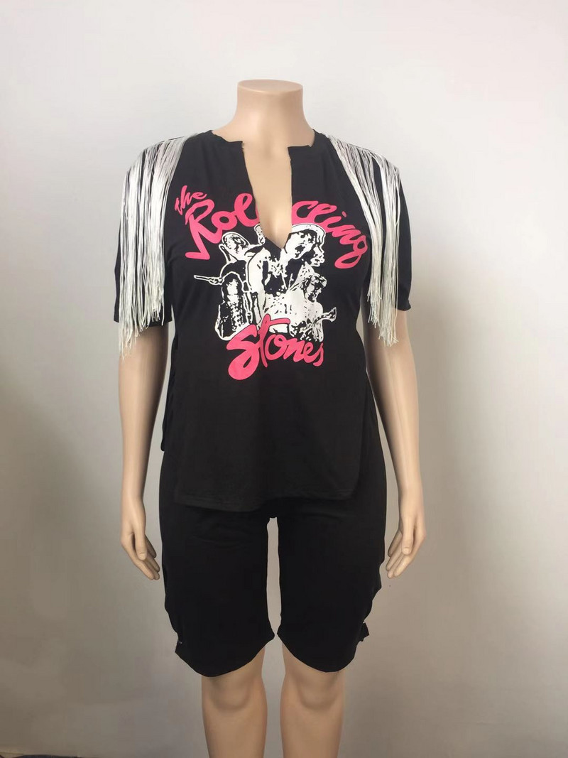 XL-5XL Liela izmēra divdaļīgie komplekti Sieviešu apģērbi 2022 Vasaras dziļi V kakla pušķu apdruka Dakša Mode Seksīgi īsie uzvalki Vairumtirdzniecība