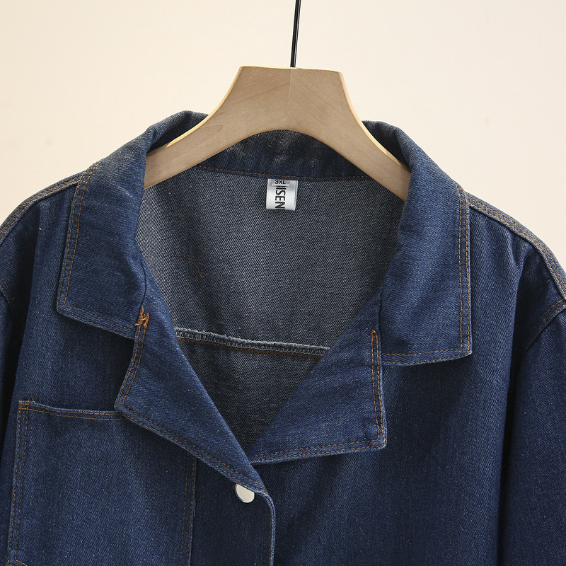 Liela izmēra džinsu jaka sievietēm 2023. gada pavasaris, vasara, pielāgota apkakle, džinsa mētelis, brīvs virsdrēbes, liela izmēra, izliektas drēbes S6-5625