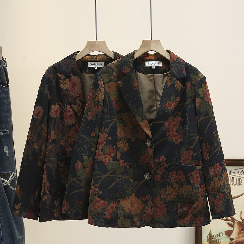 4XL Liela izmēra uzvalka jaka sievietēm 2023. gada pavasara vasarā plāns zīda mētelis ar garām piedurknēm ziedu žakete Virsdrēbes.