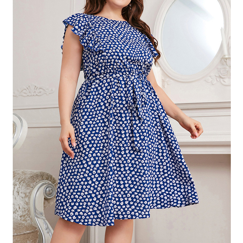 Vasaras Anglija ar ziedu apdruku lielizmēra kleita sievietēm Mode ar īsām piedurknēm volāni, pārsējs Šifons Vestidos De Fiesta sieviešu apģērbi