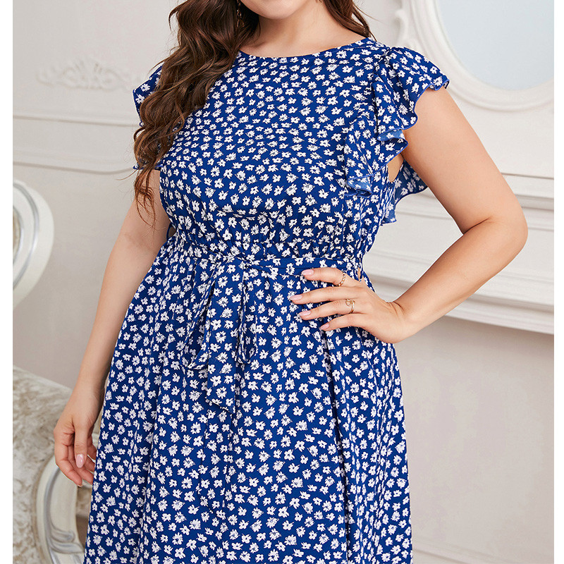 Vasaras Anglija ar ziedu apdruku lielizmēra kleita sievietēm Mode ar īsām piedurknēm volāni, pārsējs Šifons Vestidos De Fiesta sieviešu apģērbi