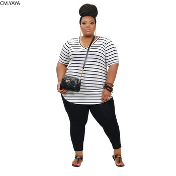 CM.YAYA Γυναικεία Plus Size XL-5XL ριγέ στάμπα με λαιμόκοψη V-λαιμόκοψη Μπλουζάκι jogger αθλητικό σετ σετ δύο τεμαχίων σετ ασορτί στολή