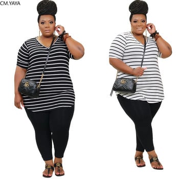 CM.YAYA Γυναικεία Plus Size XL-5XL ριγέ στάμπα με λαιμόκοψη V-λαιμόκοψη Μπλουζάκι jogger αθλητικό σετ σετ δύο τεμαχίων σετ ασορτί στολή