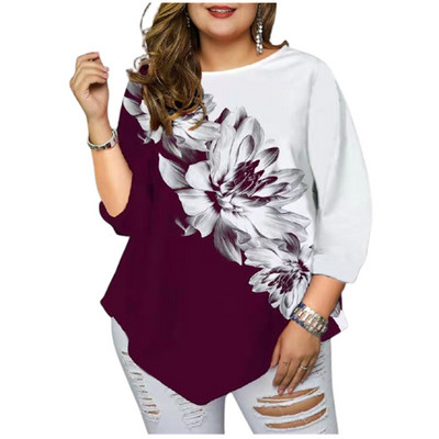 Didelis dydis 5XL Moteriški marškinėliai Sprint Rudens gėlėmis Laisvi marškiniai Viršutinė gatvių apranga Kasdieniai netaisyklingi moteriški didelio dydžio marškinėliai