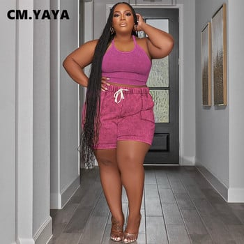 Γυναικείο σετ CM.YAYA Plus Size Πλεκτό με ριμπ φανελάκι και σορτς στο πλάι τσεπάκι 2023 Summer INS Φόρμα αθλητικής φόρμας δύο σετ 2 τεμαχίων