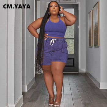 Γυναικείο σετ CM.YAYA Plus Size Πλεκτό με ριμπ φανελάκι και σορτς στο πλάι τσεπάκι 2023 Summer INS Φόρμα αθλητικής φόρμας δύο σετ 2 τεμαχίων