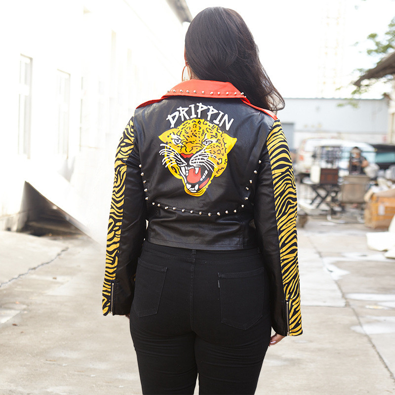 Liela izmēra sieviešu poliuretāna ādas jaka, raibs, kniedēts rudens mētelis, 2022. gada ziemas sieviešu mētelis, sieviešu ikdienas pilotjaka ar rāvējslēdzēju