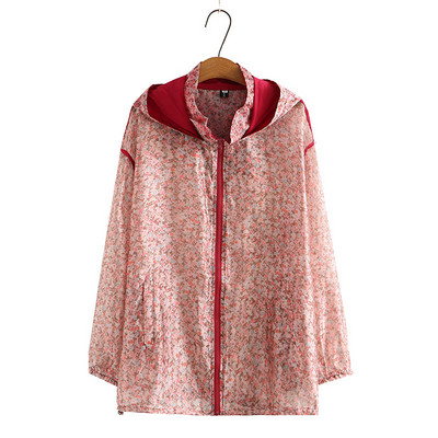 2022. gada vasaras ziedu sauļošanās krēms liels sieviešu, garām piedurknēm ar kapuci, brīvs Plus Size caurspīdīgs mētelis 4XL 5XL 6xl