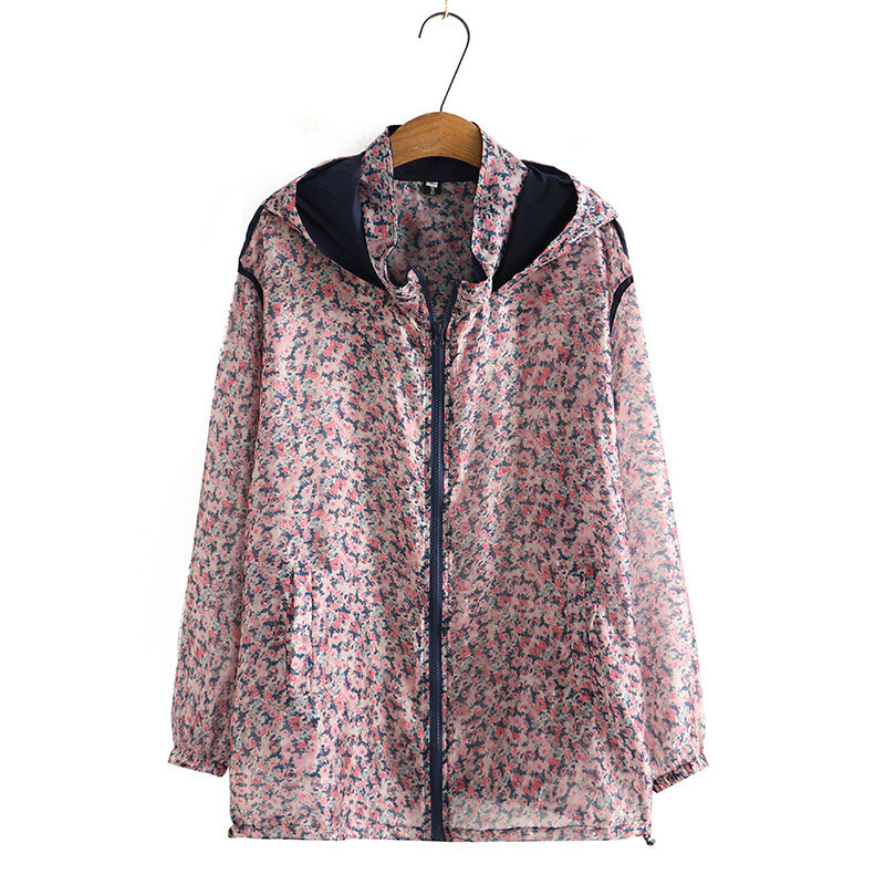 2022. gada vasaras ziedu sauļošanās krēms liels sieviešu, garām piedurknēm ar kapuci, brīvs Plus Size caurspīdīgs mētelis 4XL 5XL 6xl