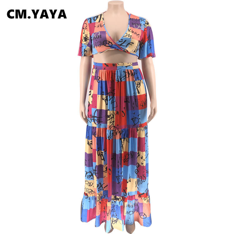 CMYAYA sieviešu lielizmēra komplekts Tie Dye Crop T-krekls A-līnijas gari svārki Divdaļīgi komplekti Sieviešu modes tērpi Ikdienas ielas apģērbs rudenī