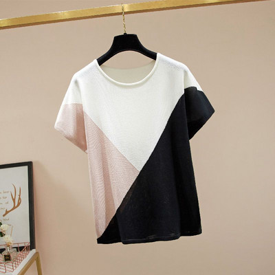 Pavasaris Vasaras Ice Floss Kontrastkrāsas Pulovers Sieviešu tops korejiešu kaklam ar brīvām īsām piedurknēm liela izmēra trikotāžas T-krekls Trend
