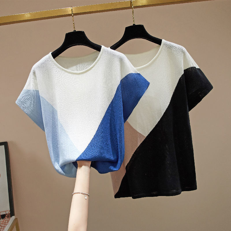 Pavasaris Vasaras Ice Floss Kontrastkrāsas Pulovers Sieviešu tops korejiešu kaklam ar brīvām īsām piedurknēm liela izmēra trikotāžas T-krekls Trend