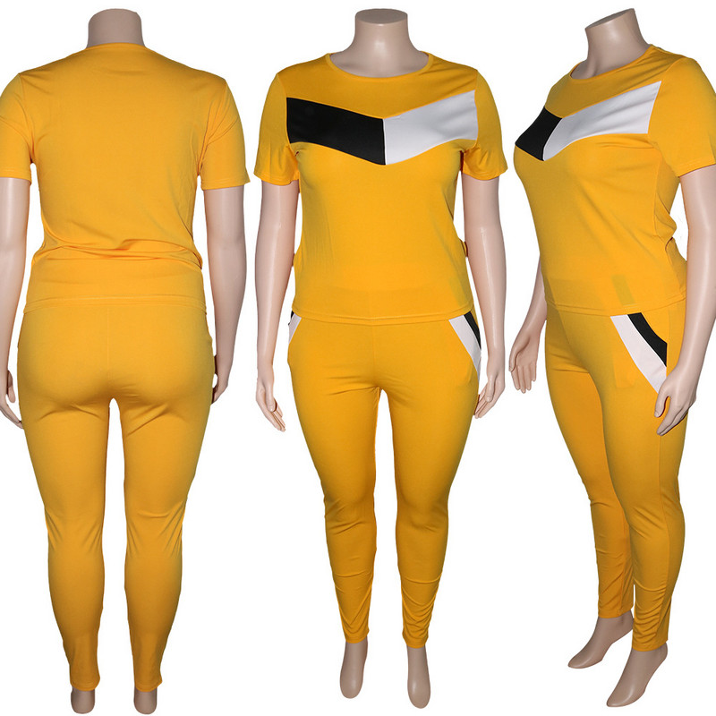 Liela izmēra 2 gabalu komplekts Sieviešu treniņtērpi Patchwork Crop Top īsām piedurknēm legingi Jogger sporta kostīms Stretch vairumtirdzniecība dropshipping