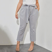 Liela izmēra Gingham Print Vasaras elegantas bikses līdz potītēm kabatas sānos sasienamas viduklis gadījuma taisnas rūtainas bikses apakšas 6XL 7XL