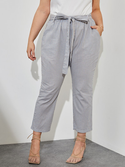 Liela izmēra Gingham Print Vasaras elegantas bikses līdz potītēm kabatas sānos sasienamas viduklis gadījuma taisnas rūtainas bikses apakšas 6XL 7XL