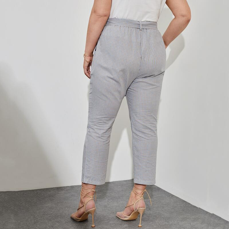 Liela izmēra Gingham Print Vasaras elegantas bikses līdz potītēm kabatas sānos sasienamas viduklis gadījuma taisnas rūtainas bikses apakšas 6XL 7XL