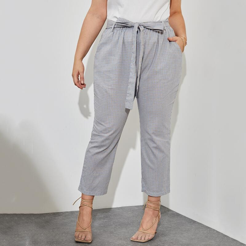 Liela izmēra Gingham Print Vasaras elegantas bikses līdz potītēm kabatas sānos sasienamas viduklis gadījuma taisnas rūtainas bikses apakšas 6XL 7XL