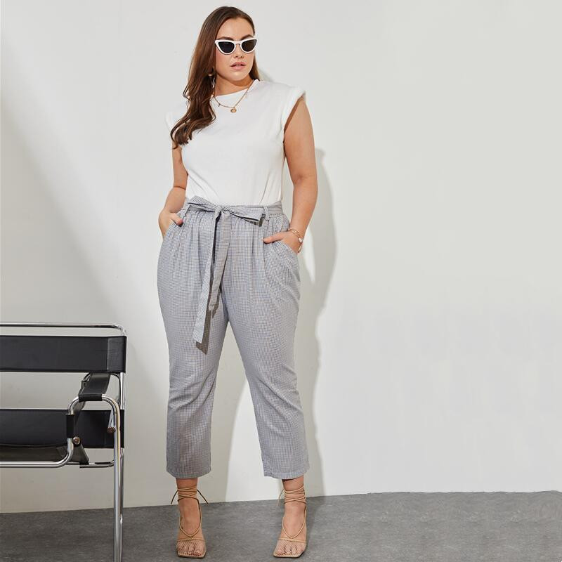 Liela izmēra Gingham Print Vasaras elegantas bikses līdz potītēm kabatas sānos sasienamas viduklis gadījuma taisnas rūtainas bikses apakšas 6XL 7XL