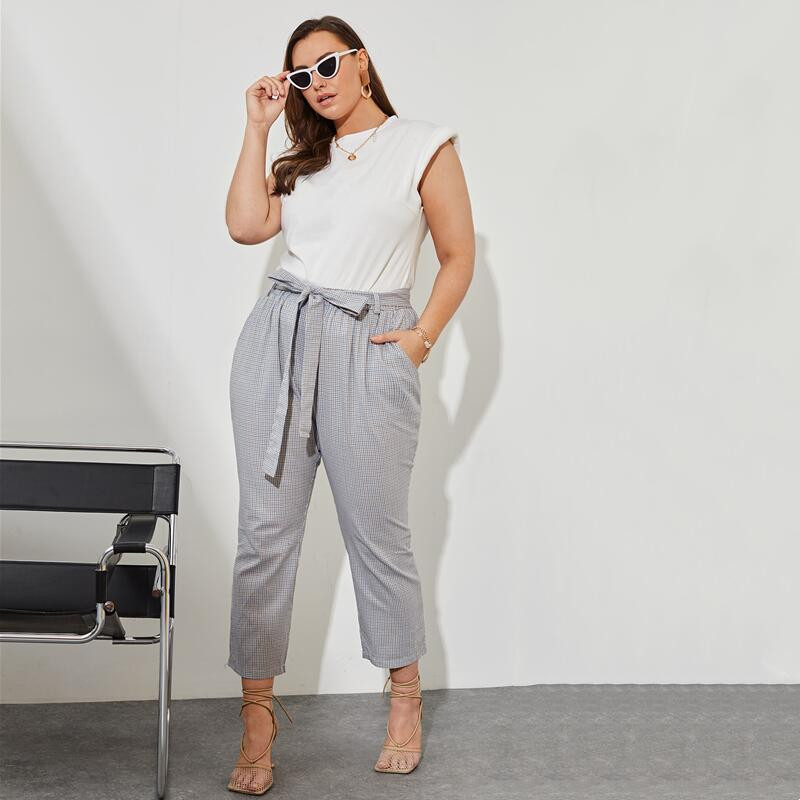 Liela izmēra Gingham Print Vasaras elegantas bikses līdz potītēm kabatas sānos sasienamas viduklis gadījuma taisnas rūtainas bikses apakšas 6XL 7XL